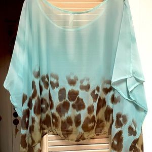 BLUE AND BROWN ANIMAL PRINT CHIFFON LIKE TOP ONE SIZE PUT TANK  NWOT
